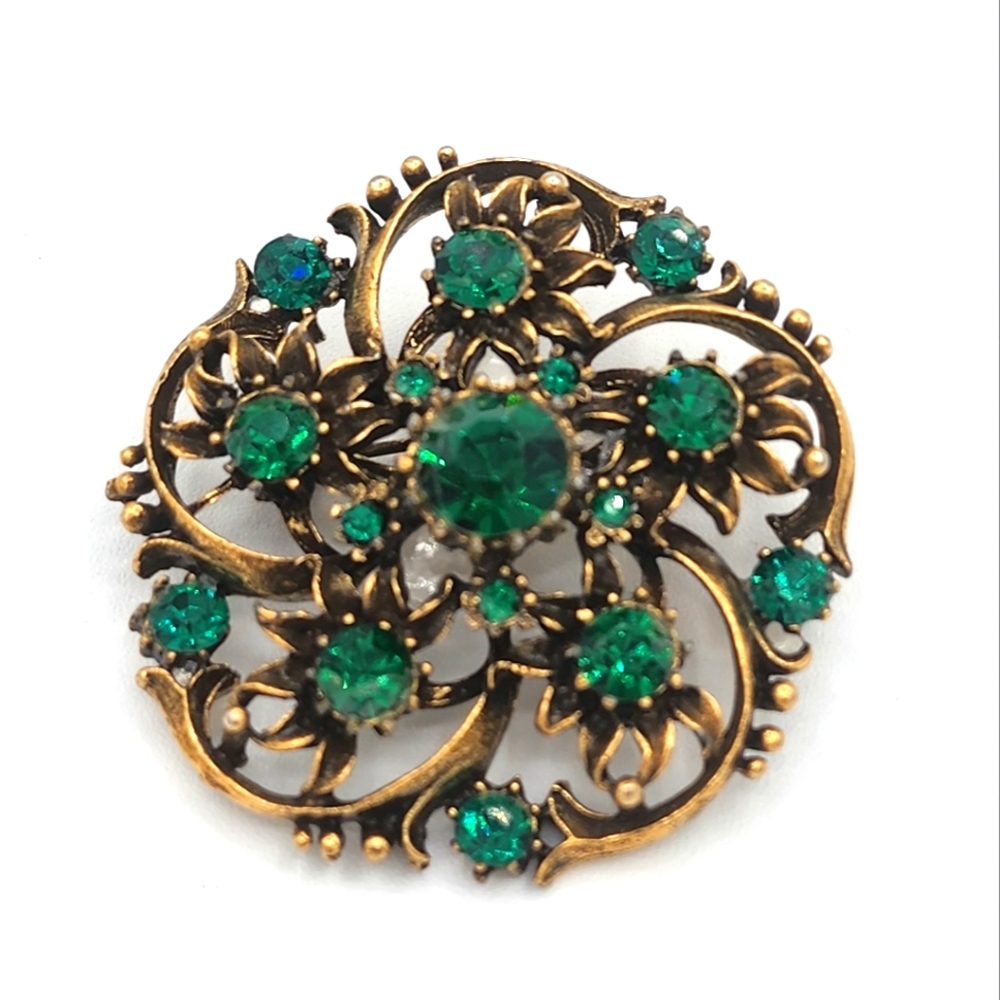 Coro Green and Gold Floral Brooch